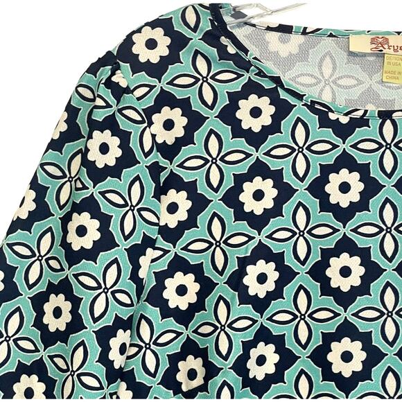 Aryeh NEW Geo Floral Border Dress Women's Large Teal Navy Bell Sleeves Flowy NWT - Picture 2 of 9